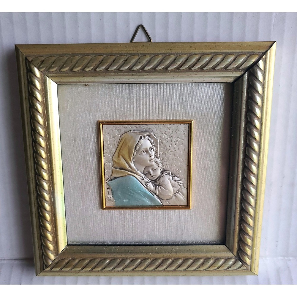 Vintage Italian Madonna and Child 925 Silver Bas Relief Framed Art Plaque 5.5"